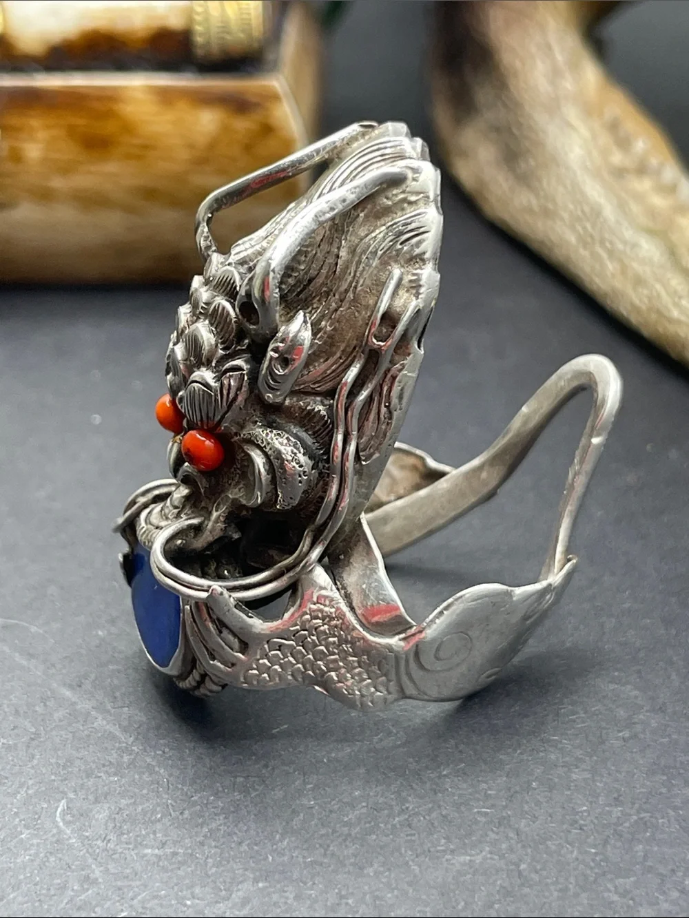 Dragon sterling, coral and lapis lazuli ring